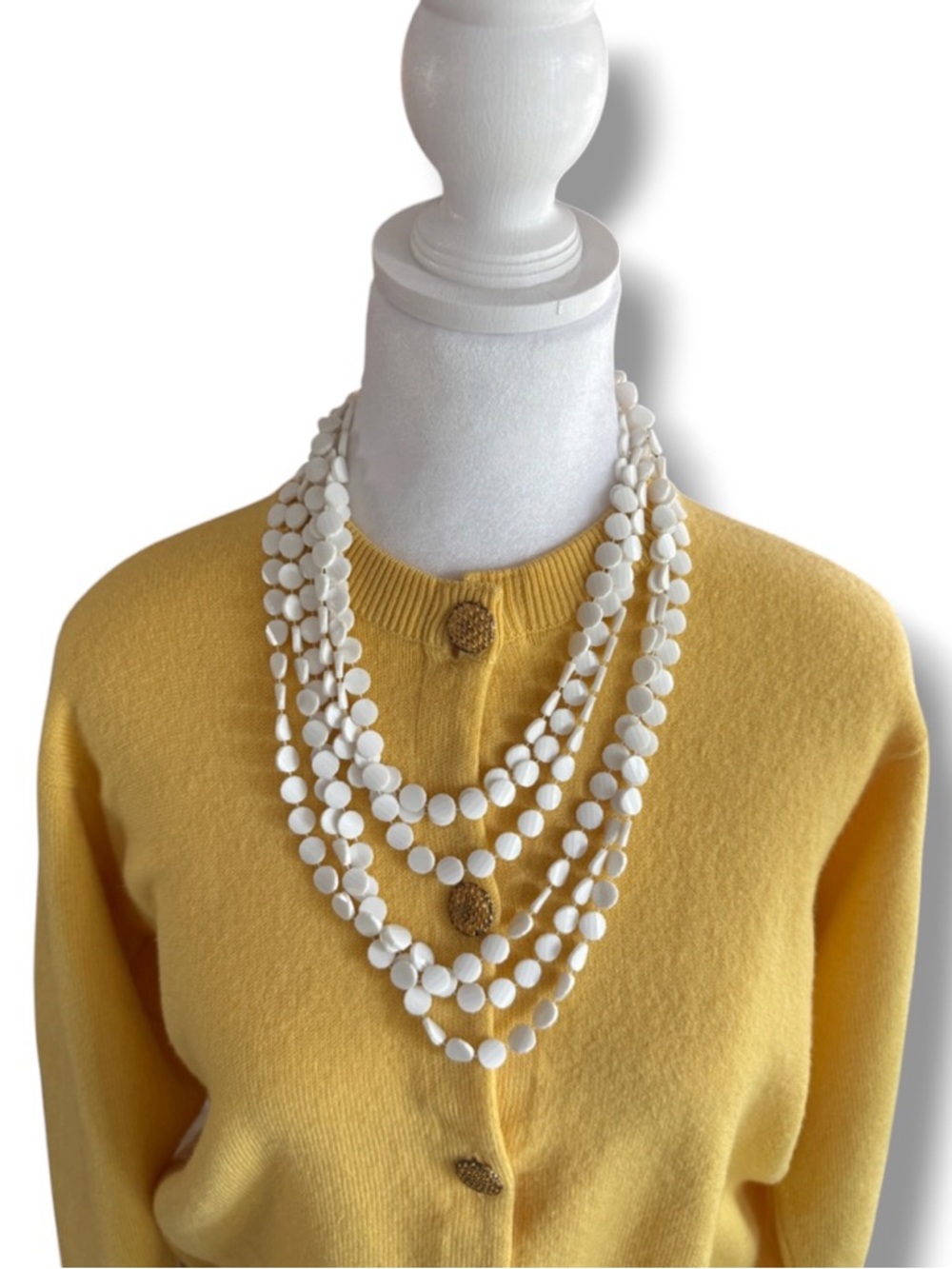 Vintage 3-Strand White Coin Bead Long Necklace Gold Tone Clasp